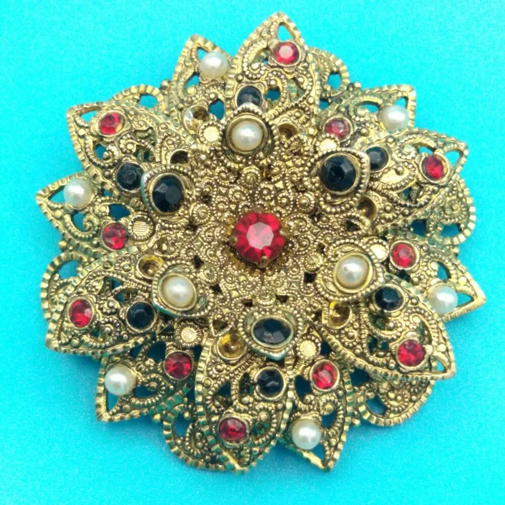 W. GERMANY Ornate Filigree Flower Brooch Pin 1.75